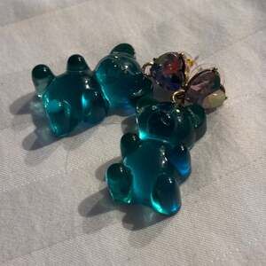 Teal Translucent Gummy Bear Drop Earrings with Iridescent Heart Studs
